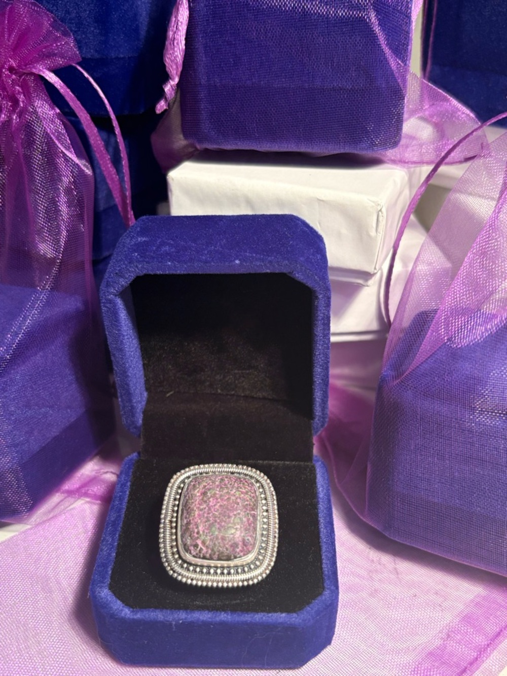 Chic Silver and Purpurite stone Ring 925 sterling silver cocktail vintage ring - Picture 9 of 15